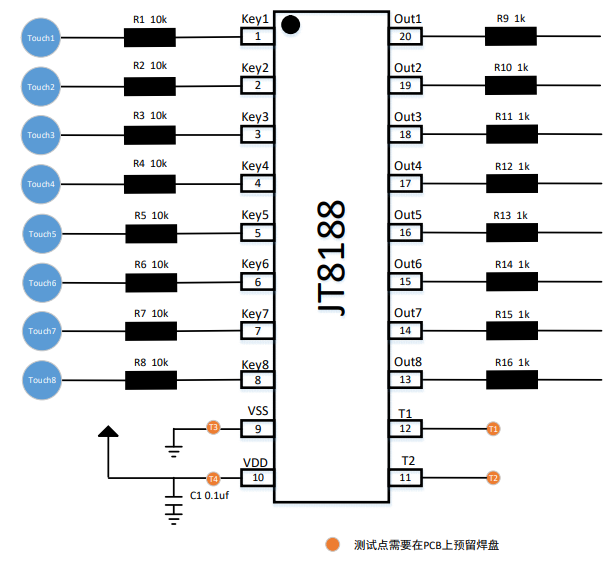 JT8188 是一款电容式宁波八按键触摸控制芯片
