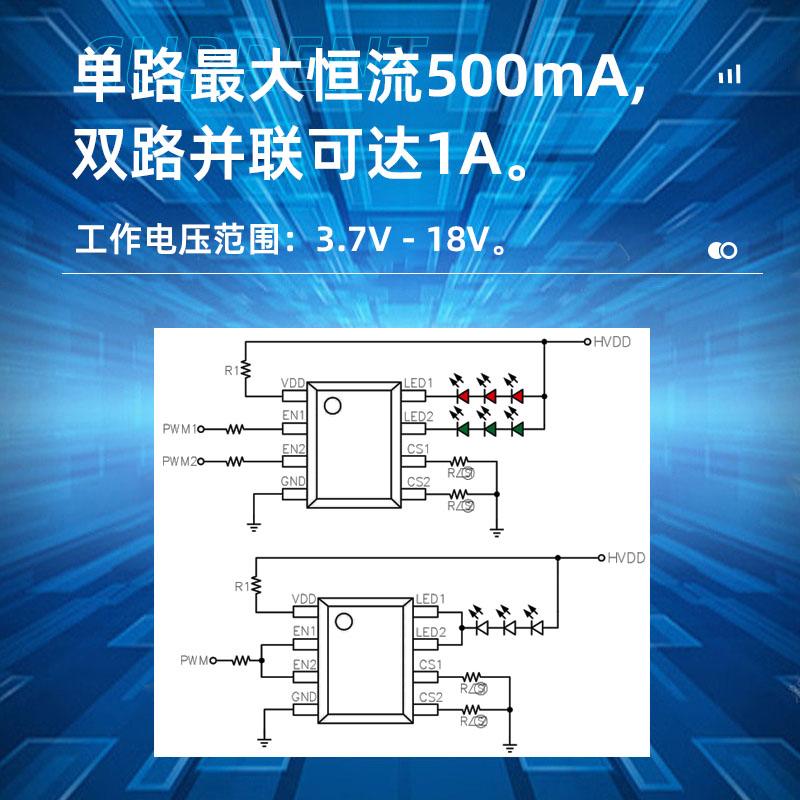 XR8141B宁波双通道LED驱动芯片，线性恒流驱动，每通道最大500mA驱动电流，并联使用最大可达1A